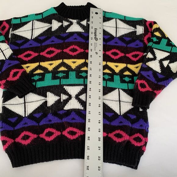 VTG 90s Rosanna Sweater Girls L Black Colorful Geometric Knit Mock Retro Funky - Picture 7 of 8